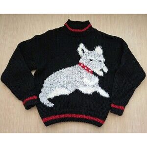 Vtg Far And Near Women's Black Sweater M Chunky Knit White Dog